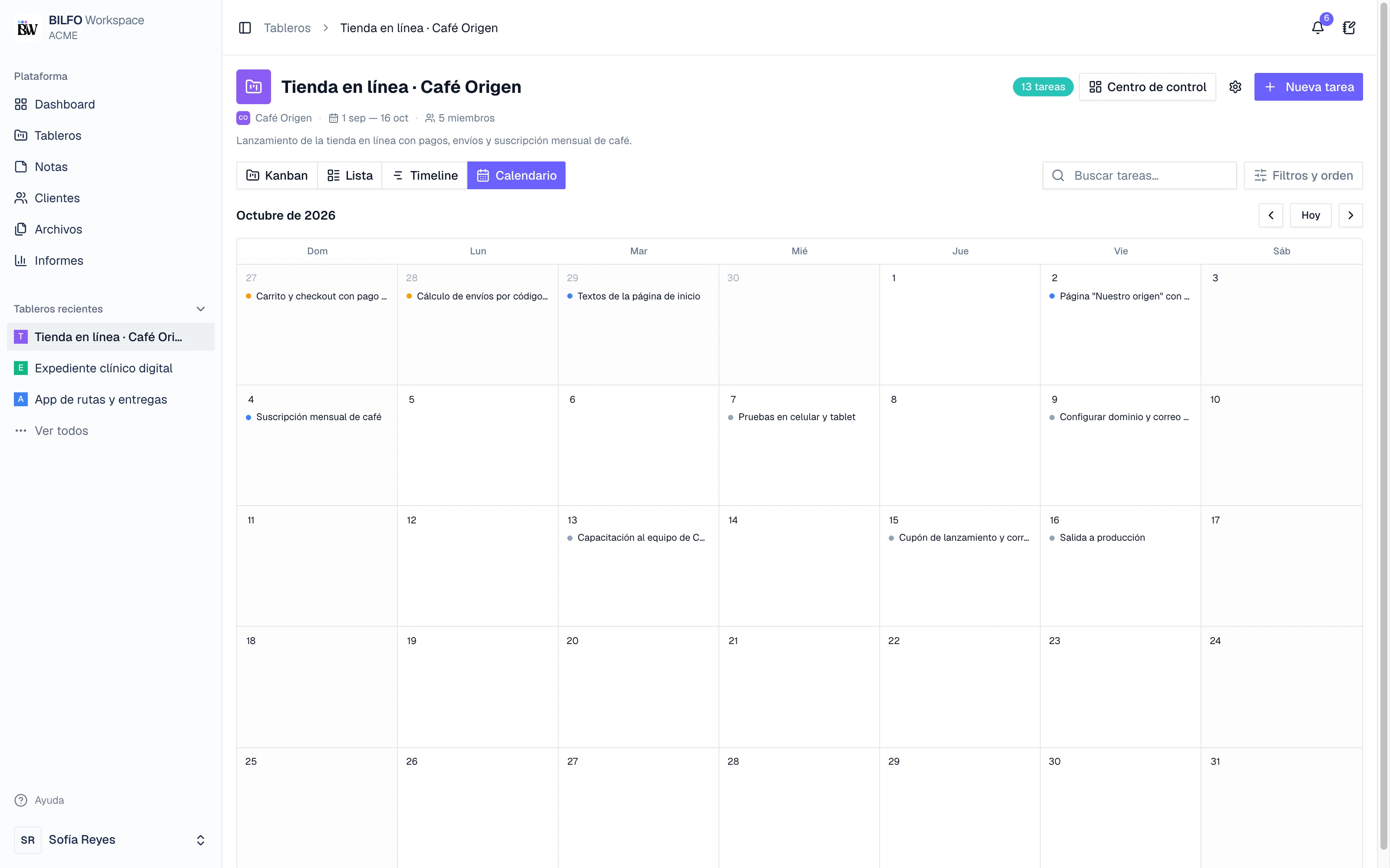 Vista de calendario mensual con las tareas en su fecha límite