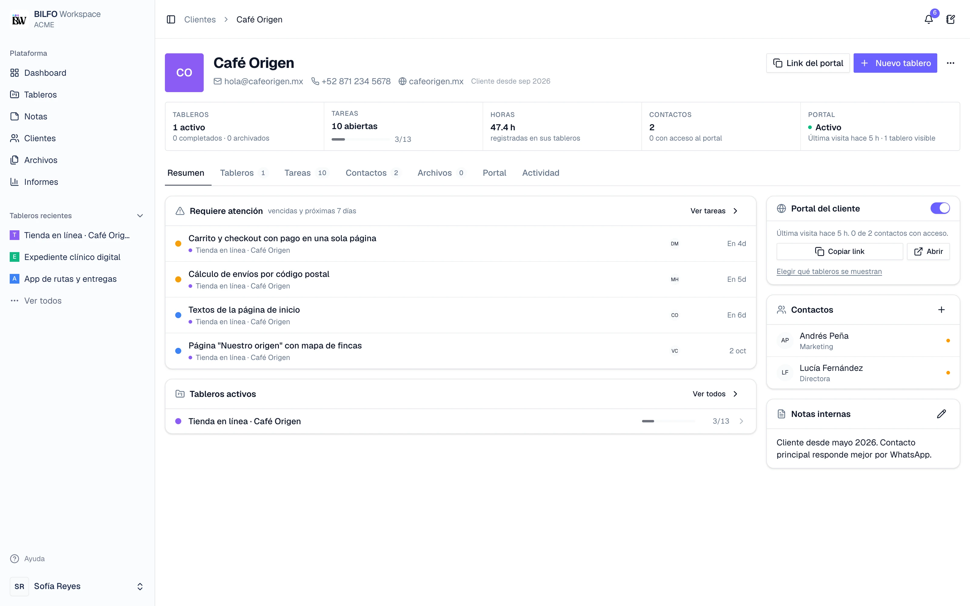 Ficha de un cliente con tableros, tareas que requieren atención, portal, contactos y notas internas