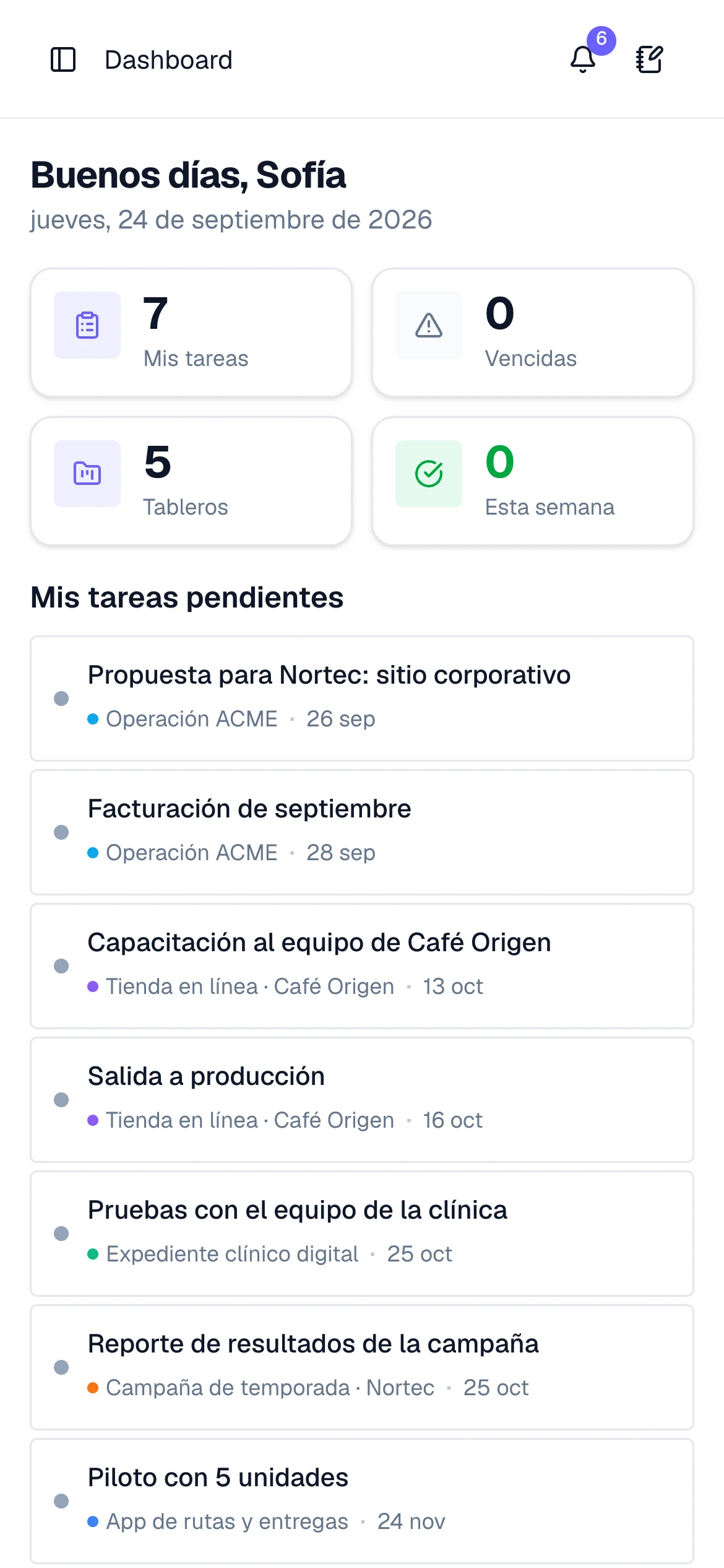 BILFO Workspace en un celular mostrando las tareas pendientes del día