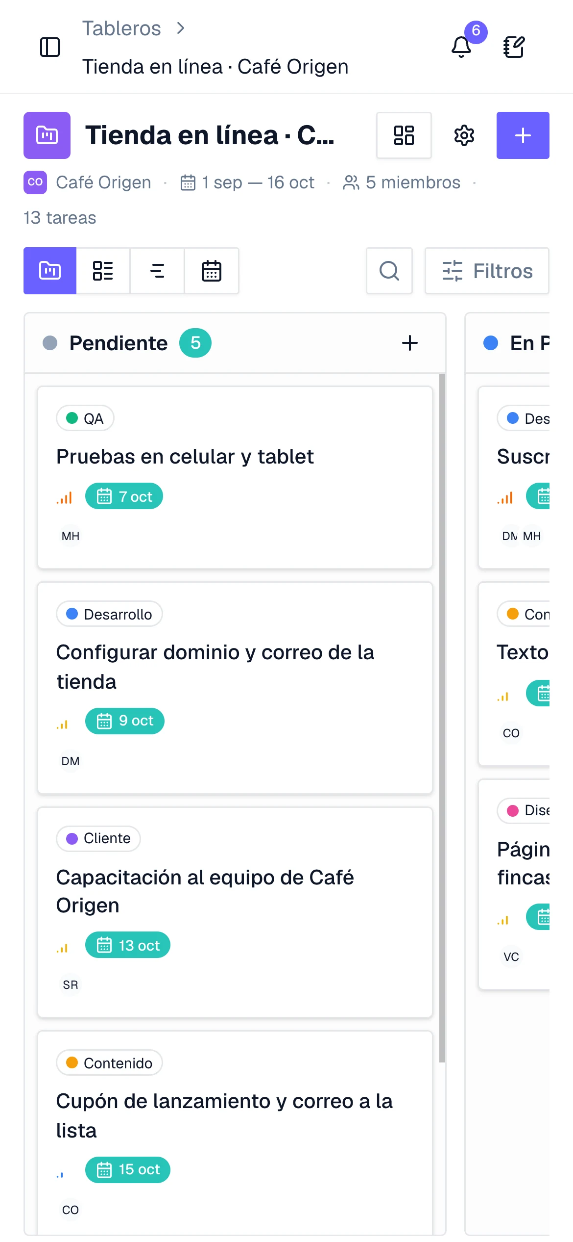 Tablero kanban de BILFO Workspace en un celular