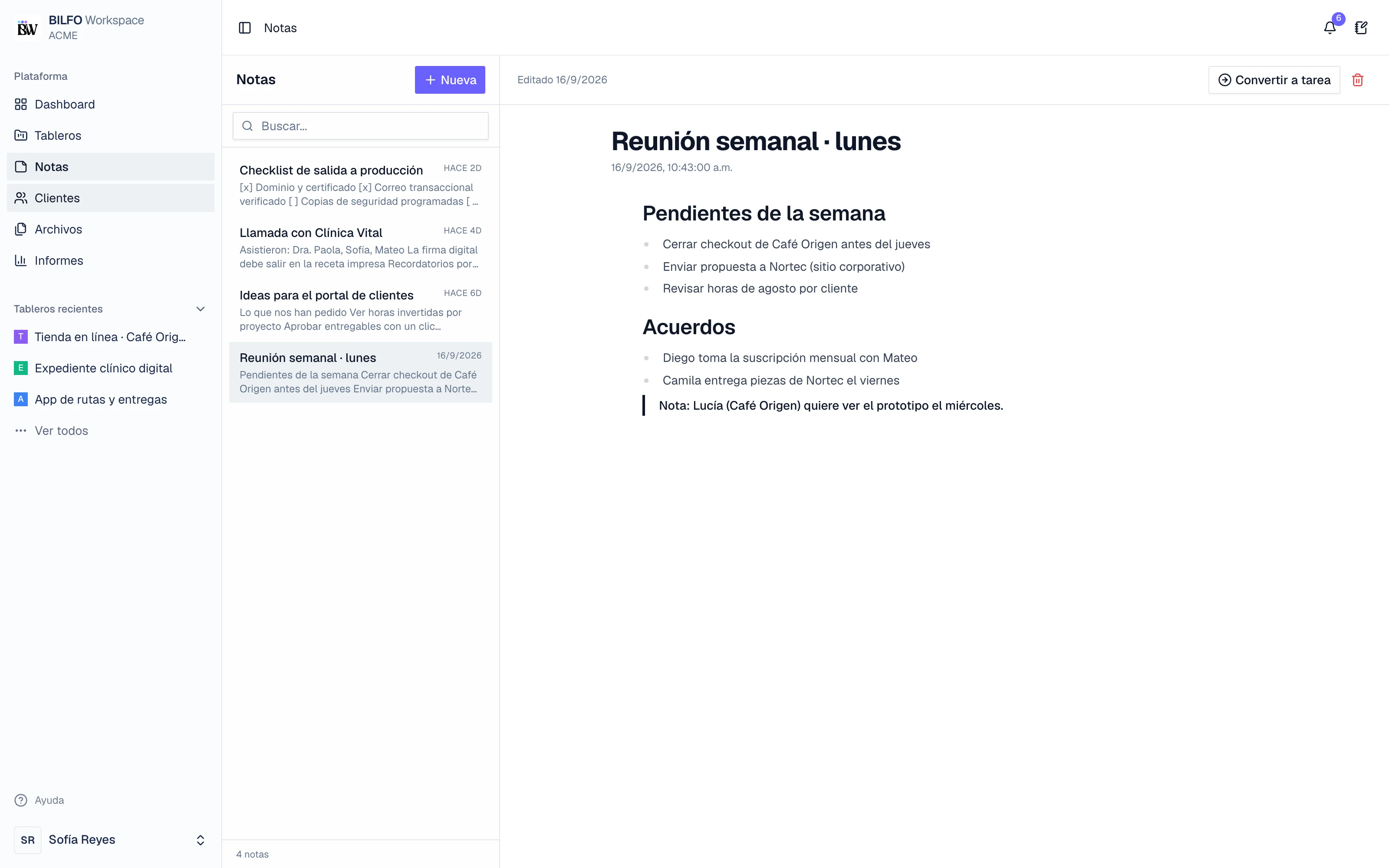 Editor de notas con la nota de una reunión semanal: pendientes, acuerdos y una cita