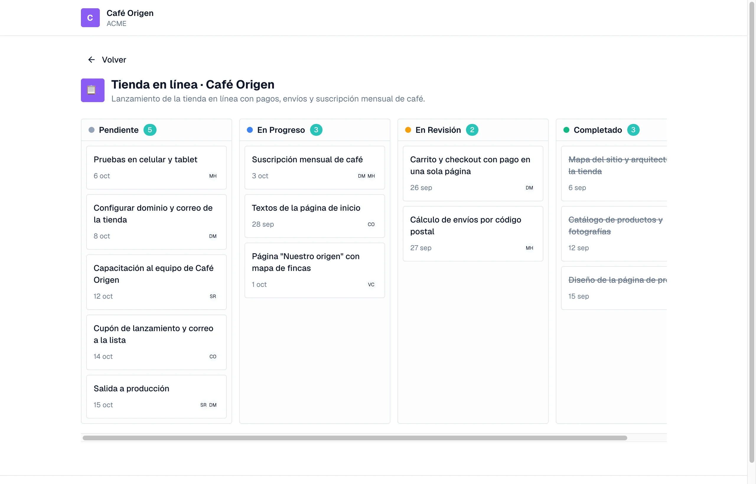 Portal de cliente de BILFO Workspace mostrando el avance de un proyecto en columnas