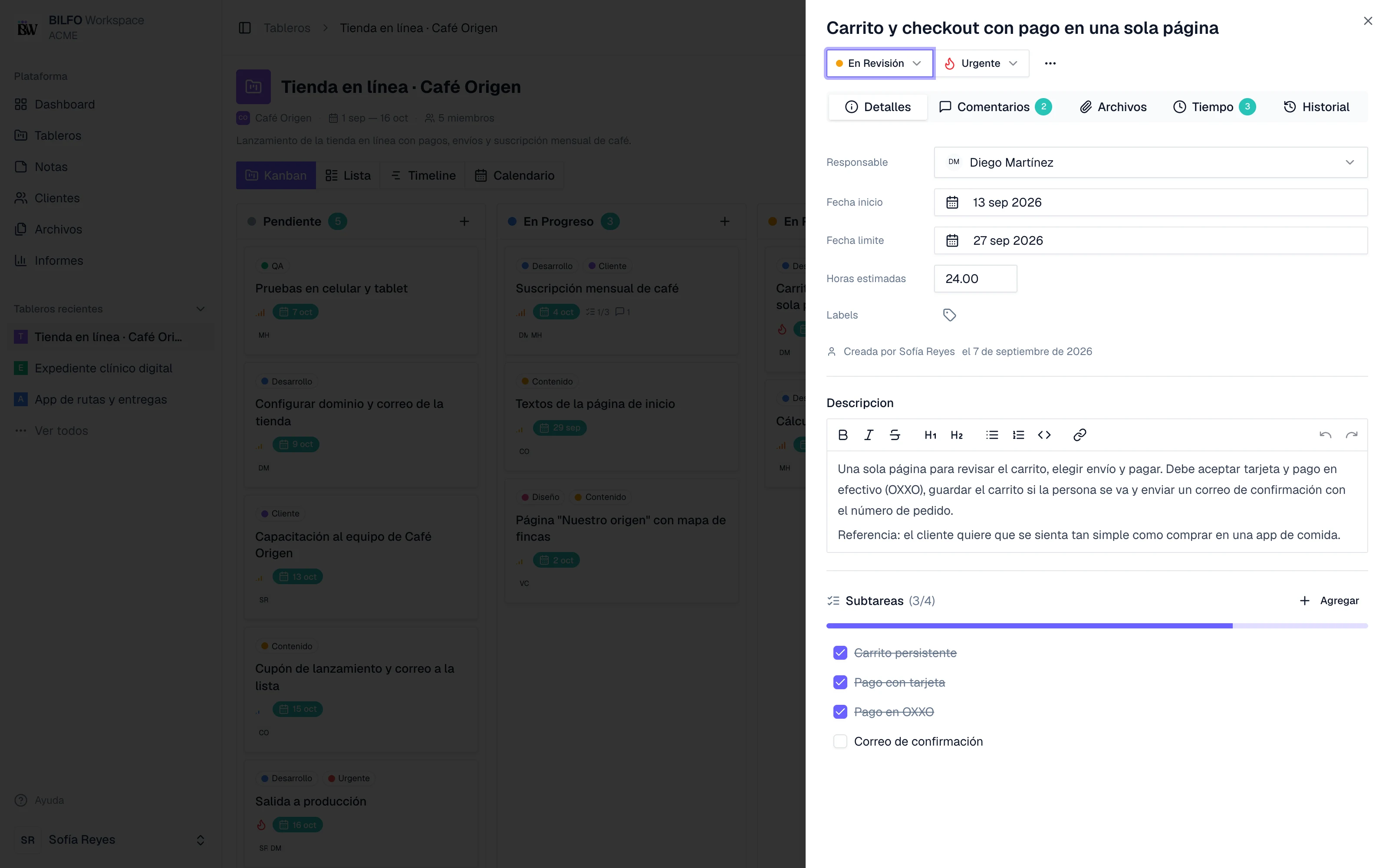 Panel de una tarea con responsable, fechas, horas estimadas, descripción y subtareas